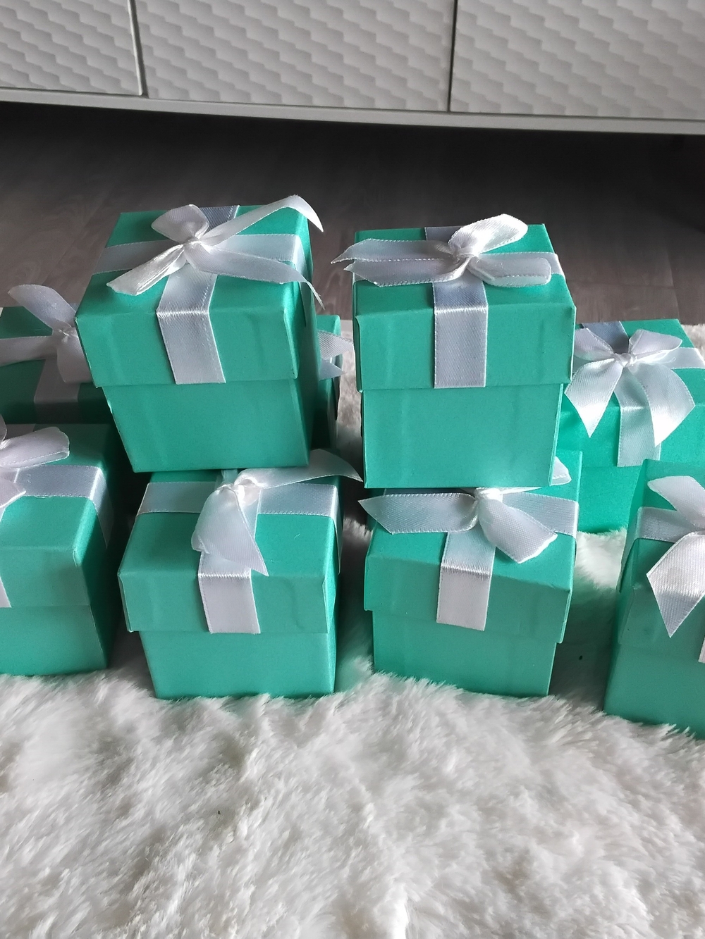 Turquoise Party Favor Gift Boxes with White Ribbon - Set of Decorative Boxes